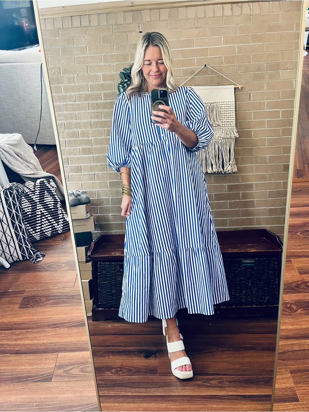 Striped Blue & White Midi Shirt Dress with Puff Sleeves